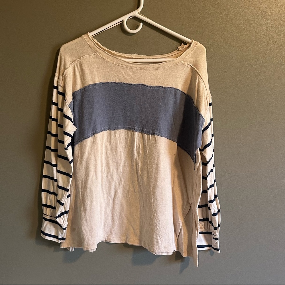 We The Free blue and cream long sleeve tee
